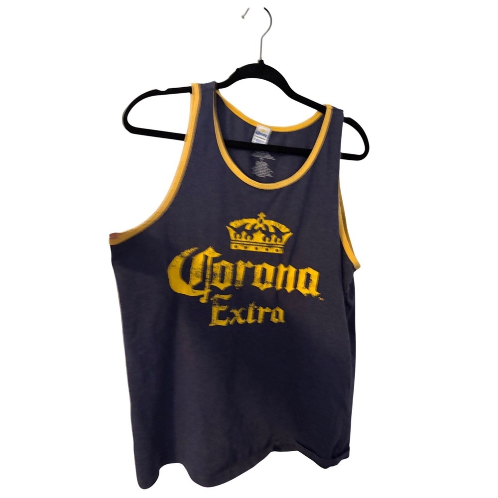 Corona Extra Beer Graphic Ringer Tank Top Navy Blue Yellow Mens Size L‎